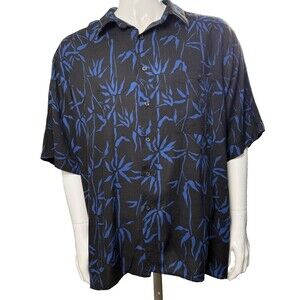 Vintage Hawaiian Shirt Men XXL Crossings Bamboo Black Blue Rayon Camp Rockabilly